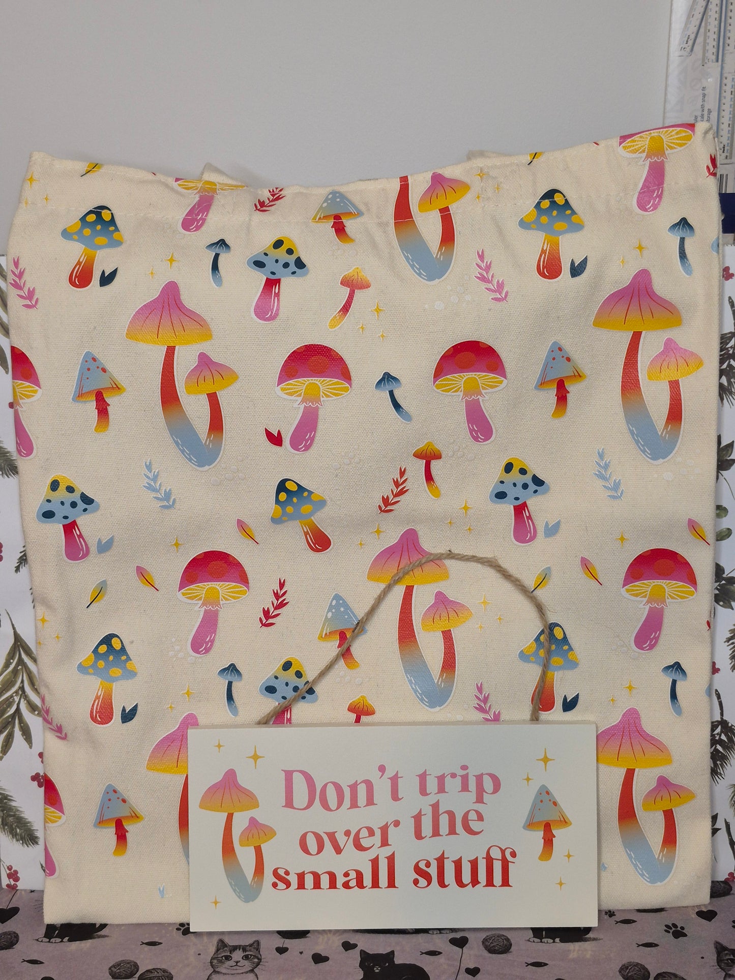 Don’t Trip Over the Small Stuff – Whimsical Mushroom Tote & Sign Set