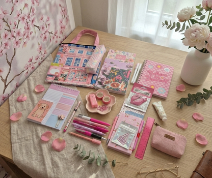 Contents of a stationery surprise box including notebooks charms and planners