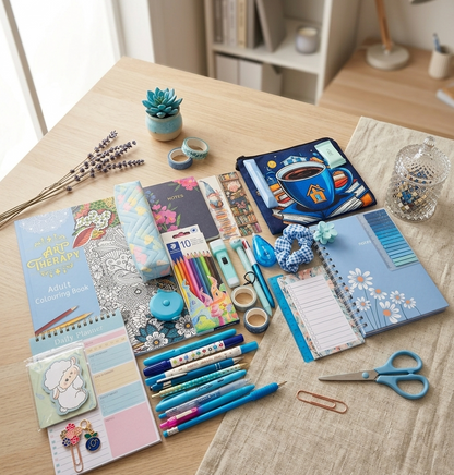Contents of a stationery surprise box including notebooks charms and planners